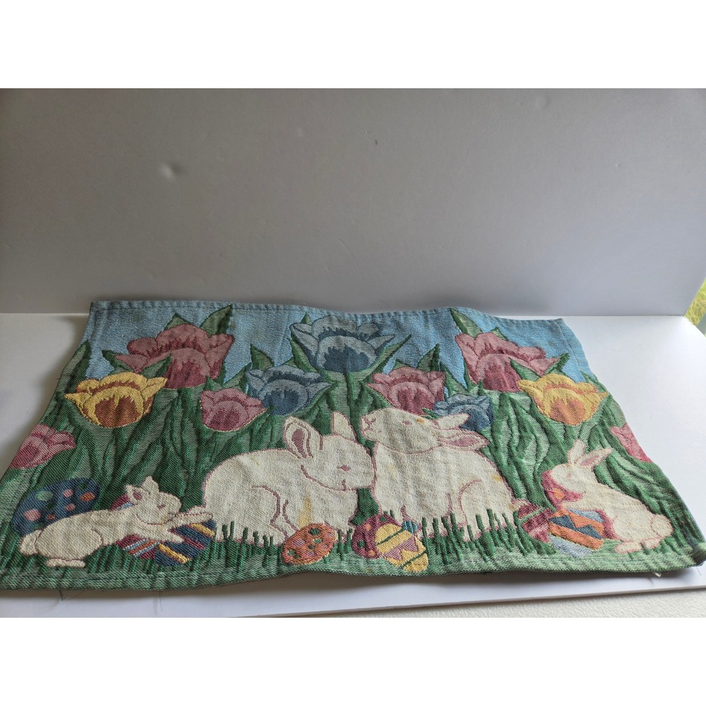 Vintage Woven Tapestry Easter Bunny Tulip Placemat Spring Decor Set of Two